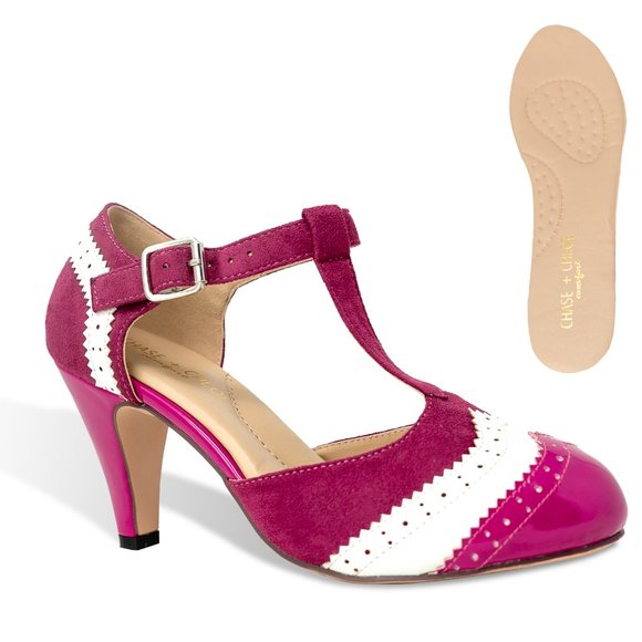 Chase & Chloe Kimmy-66 Closed Toe T-Strap Two Tone Oxford Pumps - Picture 2 of 5